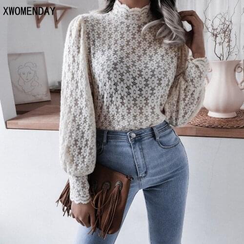 Long-sleeved Lace Perspective Blouses Women Stand-collar White Shirts Femme Casual Top 2021 Clothing For Women Office Tunic