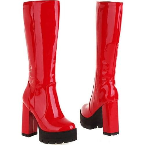 2021 Women Knee High Boots Platform Square High Heel Ladies Boots Patent PU Leather Side Zipper Round Toe Womens Boots Big Size