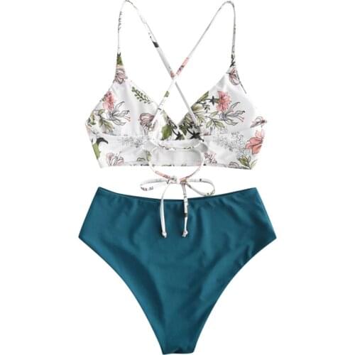 2021 Women Two Piece Flower print split Sets Plus Size Beachwear Swimsuit Bikini Ladies sexy strappy leaf print summer bikini