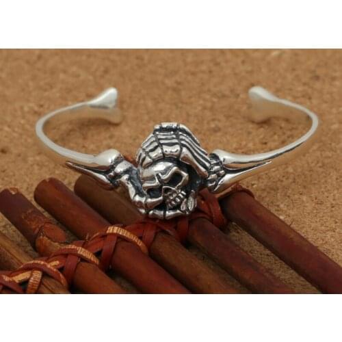 925 Sterling Silver skull biker retro cuff bracelet bangle jewelry A961