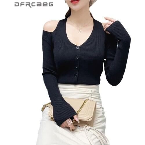 Sexy Off Shoulder Slim Women Knitted Top 2020 Autumn Button Casual Long Sleeve Pullovers Knitwear Bottoming Clothes