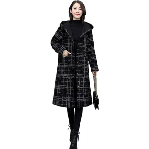 Plus Size Womens Woolen Coat Outerwear Autumn Winter New Korean Hooded Woolen Coats Mid-length lattice Thick Warm Jacket Woman