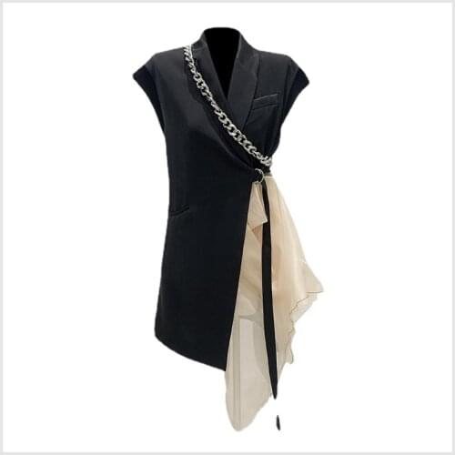 Aurance Mesh Stitching Patchwork Womens Vest Coat Fashion Waistcoat Loose Long Vests Autumn 2021 New Coats Jackets Clothing