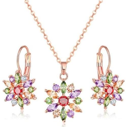 2pcs/Set Rose Gold Zircon Rhinestone Colorful Zircon Crystal Bridal Flowers Earrings Necklace For Women Jewelry Dropshipping