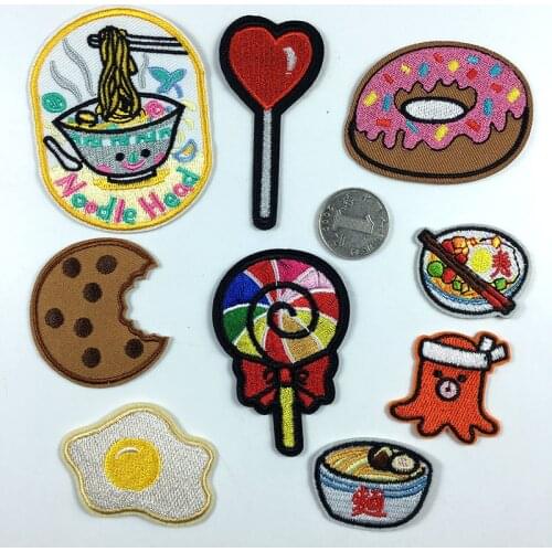 2PC Cartoon Food Embroidery Iron on Patch Ramen Egg Lollipop Biscuit Clothing Hole Appliques DIY Clothing Sewing Accessory Decor