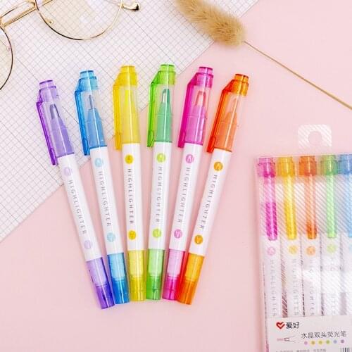 6 pcs/pack Fluorescent Candy Color Crystal Double Head Highlighter Fluorescent Pen Art Markers Gift Stationery Escolar Papelaria