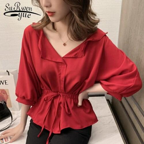 Summer Blusas V-neck Women Tops and Blouse Solid Korean Women Shirt Sexy Flare Sleeve Chiffon Blouse Chic Lady Clothing 4990