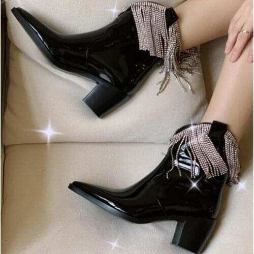 Tassel Patent Leather Runway Show Ankle Boots Square Heel Pointed Toe Women Martin Boots Sring Bead Fringe Slip On Woman Boots