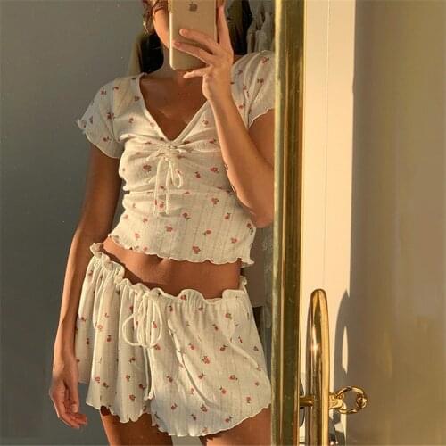 Women Sets Vintage Prairie Two-pieces Sets V-neck T-shirt Top Lace Up Shorts Print playsuit romper flower cotton overalls Loose