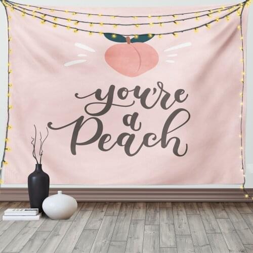 Fruit Tapestry You're a Peach Typography and Leaves Satin Fabric Wall Hanging for Bedroom Living Room Dorm Meeting Background