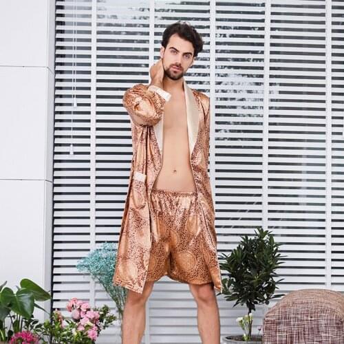 Bath Robe Sets Two-Piece Bathrobe Pants OR Shorts Pajama Set Long Sleeve Nightgown Men Kimono Silky Robe for Men Sleepwear