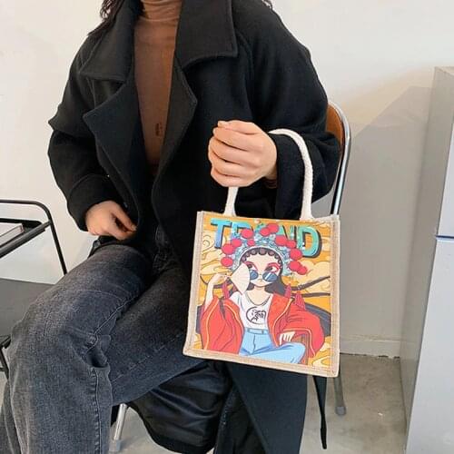 Canvas Graffiti Tote Bag for Women Fashion Cartoon Print Large-capacity Handbag Trendy Lady Handbag Zipper Peking Opera
