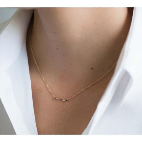Dainty geometric necklace with rainbow cz paved bar charm 925 sterling silver minimal delicate jewelry