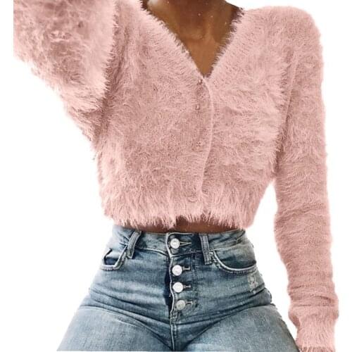 Woman Puff Warm Sweaters Cardigan Oversize Knitted Street Wear Jumpers Cropped Cardigan Single Breasted Hot pink sweater Spring