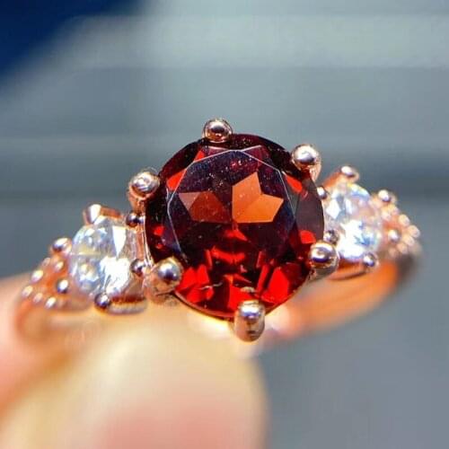 Natural real red garnet round ring Per jewelry 6*6mm 0.6ct gemstone 925 sterling silver Fine jewelry Q214239