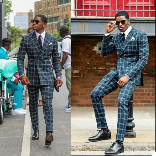 Handsome Plaid Mens Suits Groom Wear Double Breasted Wedding Blazer Tuxedos Formal Business Prom Pants (Jacket+Pants)