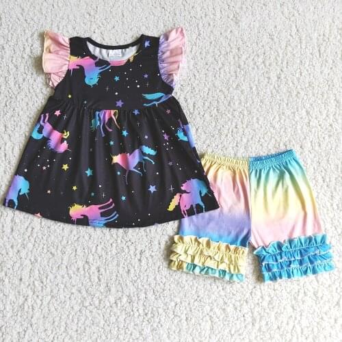 Cute Cartoon Print Outfit For Baby Girls Flutter Sleeve Kids Black Top Match Colorful Icing Ruffle Shorts