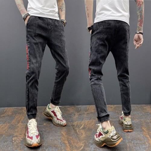Fashion 2021 Denim jeans autumn winter mens brand Slim letter embroidery small feet Korean all-match mens ankle length pants