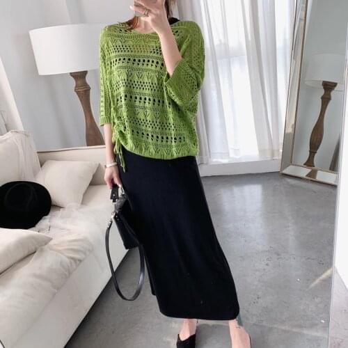 Fashion Plus Size Dress Suit Female Spring and Summer New Loose Hollowed Out Strap Knitted Bat Shirt Vest Dress Two-piece Suit