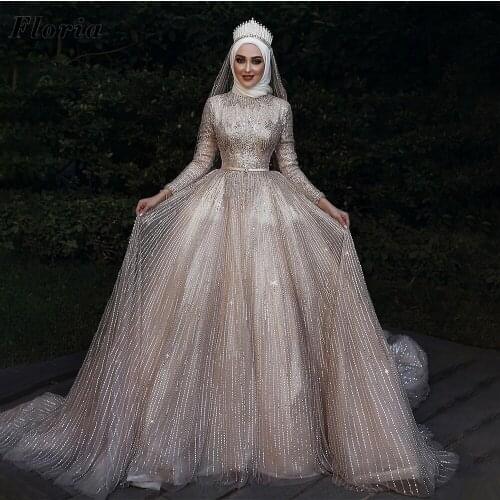 Newest Arabic Beading Wedding Dresses Beaded Crystals Bridal Dress Muslim Long Wedding Bride Gown 2020 Custom Vestidos De Noiva