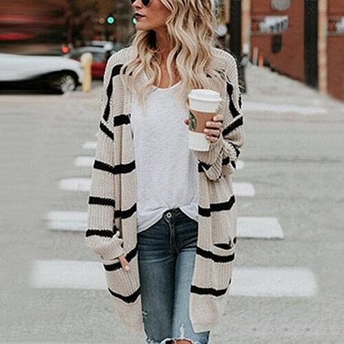 2021 autumn winter coat sweater womens street fashion medium long striped thick knit cardigan