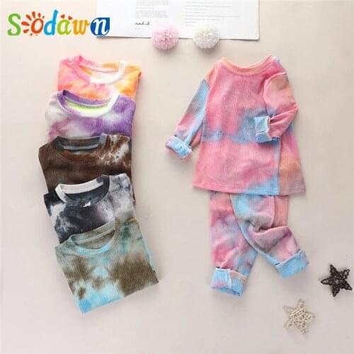 Sodawn Baby Boys Ribbed Knitted Autumn Toddler Tie Dye Pajamas Sets Long Sleeve T-shirt+Pants Trousers Girls Clothing Sleepwear