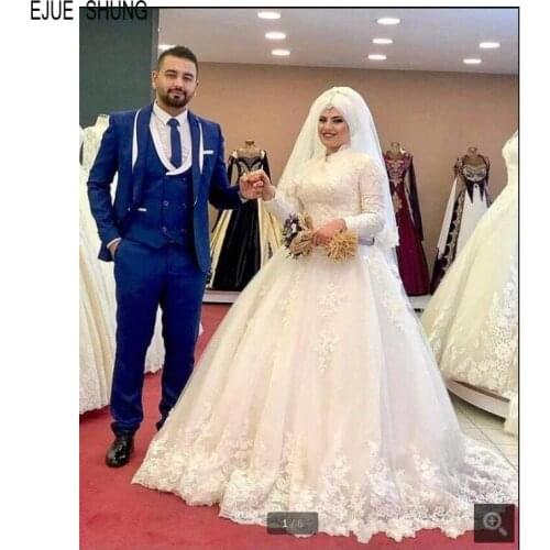 EJUE SHUNG New Elegant Muslim Wedding Dresses High Neck Long Sleeves Lace Appliques Ball Gown Bridal Dresses Vestido De Novia