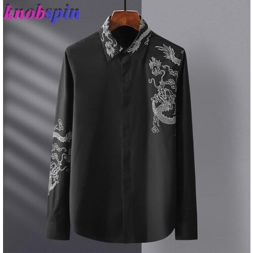 Luxury Shirt Men Long Sleeve Slim Casual Chemise homme Brand Business male Dress Shirts Plus Size Line Dragon Embroidery Camisa