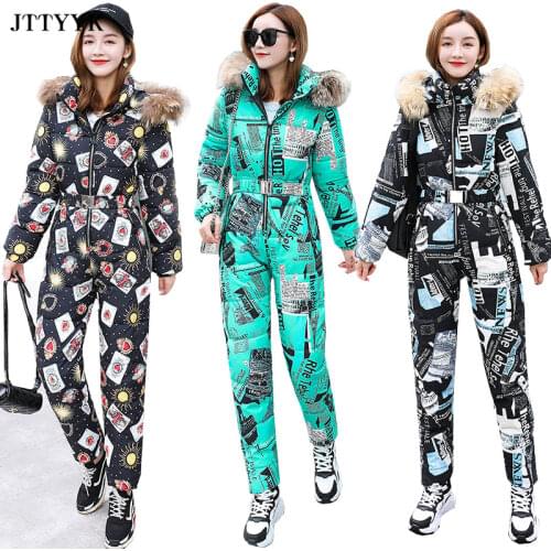 One Piece Outfit Ski Suit Women Jacket Winter Jumpsuit Female Parka Hooded Cotton Bodysuit Zipper Overalls For Woman Tracksuits