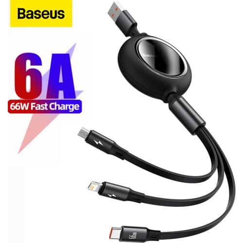 Baseus 3 in1 USB Cable for iPhone Huawei P40 P30 Mate 40 30 Pro 66W Supercharge 6A Fast Charging Micro Type C USB Charger Cable