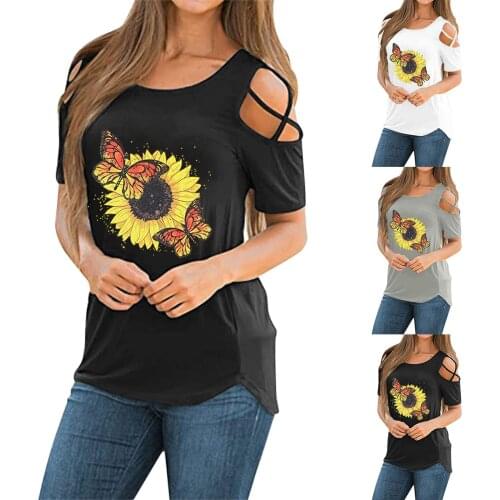 Women Short Sleeve Round Neck Sunflower Butterfly Print T-Shirt Exposed shoulders Tee Tops Solid Color Blouse All-match T-shirt