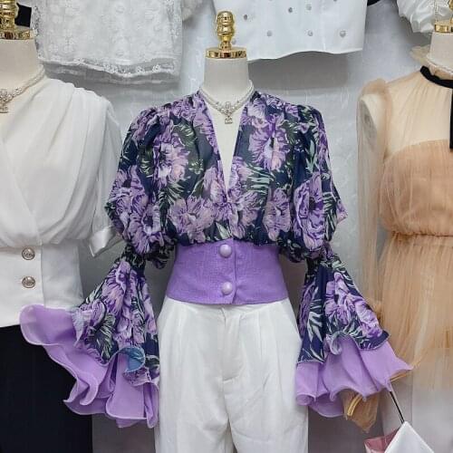 European Summer New Design Niche V-neck Printed Drape Flared Sleeve Short Chiffon Shirts Women Tops Fashion Streetwear 2021