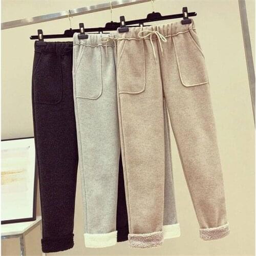 Womens Track Pants Casual Harem Pants Winter Warm Thick Pants Elastic High Waist Plus Velvet Loose Female Ankle-length Pants