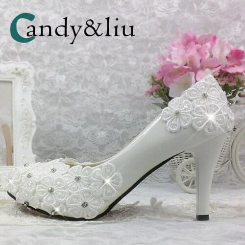 White Lace Flower Wedding Shoes Applique Chunky Heel Slip-on Round Toe with Platform Women Pumps for Party Banquet Bridesmaid