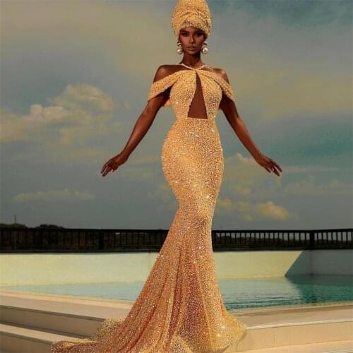 2021 Arabic Mermaid Evening Dress Sequins Elegant Beading Sweep Train Prom Gowns vestido de novia Custom Made Formal Party Gowns