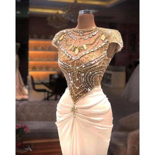 Pink Beaded Mermaid Prom Dresses Crystal Jewel Neck Short Sleeve Evening Gowns Party Dress Special Occassion robe de soiree