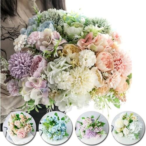 7 Heads Hydrangea Silk Artificial Flowers Bouquet Silk Fake Peony Bridal Hand Flower Roses For Wedding Home Arrangement Decor