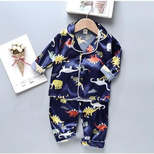 Baby Boy Satin Silk Pajamas Suits Autumn Spring Boys Kids Cartoon Dinosaurs Outfits Casual Soft Sleepwear Childrens Homewear