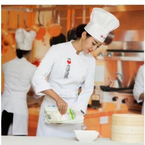 White Restaurant Chef uniform Woman I LOVE Cook French restaurant Chef shirt Baking