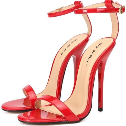 Summer sandals shoes narrow-band open toe thin heel 13cm plus Size48 ankle strap sandals women 2020 high heel ladies PU leather