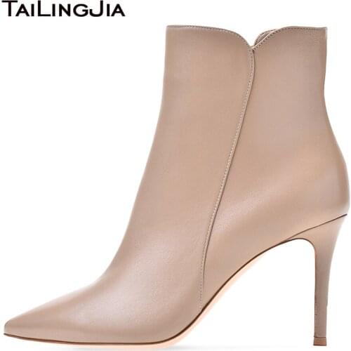 Women Pointy White High Heel Ankle Boots with Zipper Nude Heeled Booties Wine Short Boots Brown Heels Ladies Evening Dress Shoes