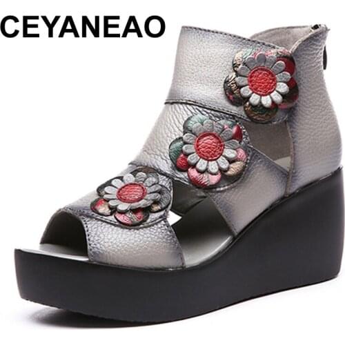 CEYANEAOWomens Sandals 2019 Summer Genuine Leather Ladies Shoes 7cm High Heels Sandals Women Platform Retro Style ShoesE1869