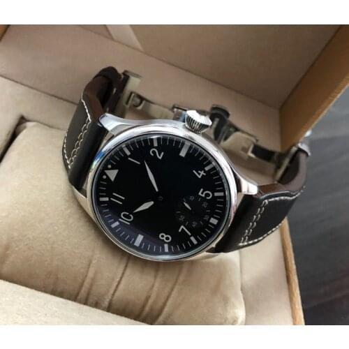 Sapphire crystal or Mineral glass 44mm Black dial Asian 6498 Hand Wind movement mens watches luminous Mechanical watches 2-5