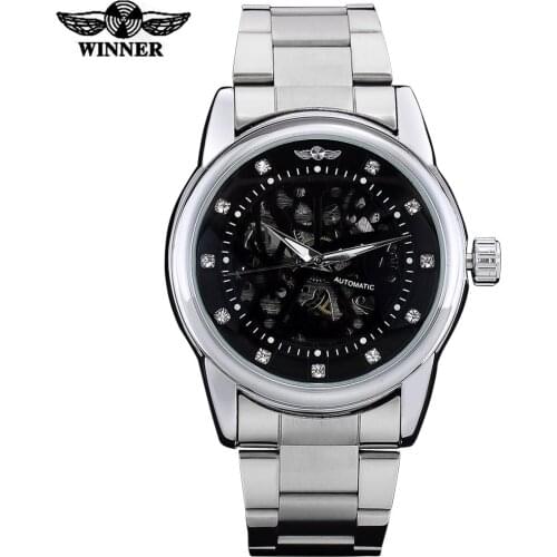 WINNER men fashion casual mechanical watches steel band black dial watches new hot brand skeleton wristwatches relogio masculino