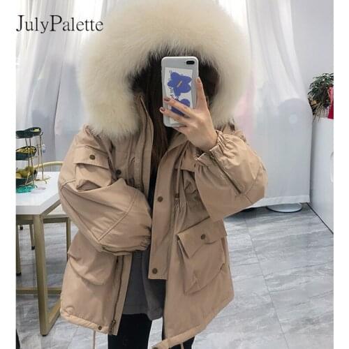 JulyPalette Solid White Duck Down Coat 2021 Winter Thicken Warm Parkas Real Fox Fur Collar Loose Slim Drawstring Short Overcoat