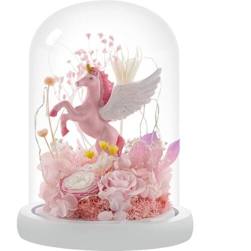YL Preserved Fresh Flower Glass Cover Unicorn Rose Real Flower Childrens Valentines Day Birthday Gift