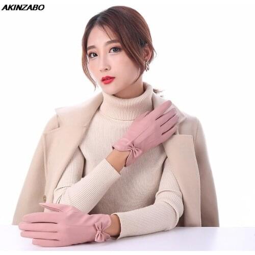 Fashion Elegant Ladies Pu Leather Touch Screen Gloves Women Velvet Warm Gloves Driving Riding Three-strand Bow Winter Gloves