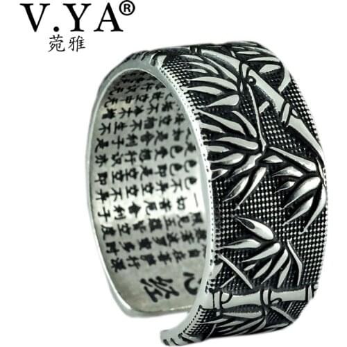 V.YA 999 Pure Silver Buddhism Heart Sutra Rings For Men Classic Bamboo Leaves Thai Silver Open Ring Mens Fashion Jewelry