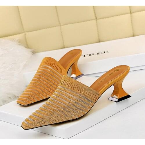 BIGTREE Knit Mesh Breathable High heels Mules slippers 2020 summer shoes women Pointed Toe Thin Heels Fashion Party ladies shoes