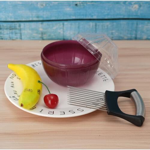 Stainless Steel Onion Cutter Onion Fork Fruit Vegetables Cutter Slicer Tomato Cutter Knife with Onion Splash Box Kitchen Tools